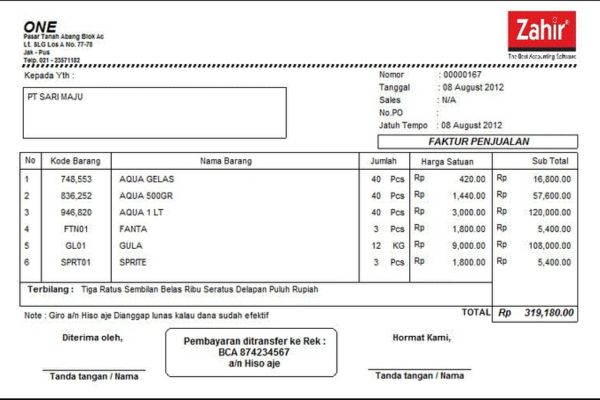 Contoh Faktur Penjualan Barang