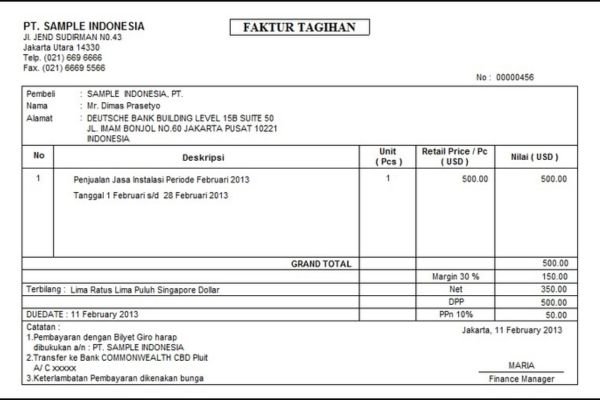 Contoh Faktur Penjualan Jasa