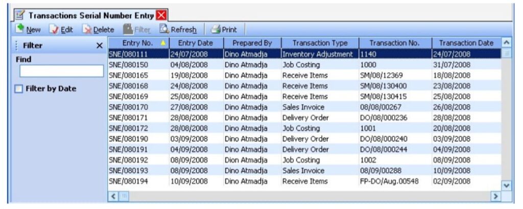 Daftar Pencatatan Nomor Serial Transaction di Accurate