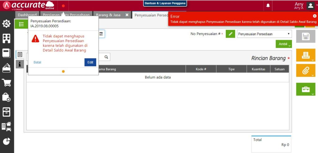 Error Menghapus Transaksi Penyesuaian Persediaan Accurate