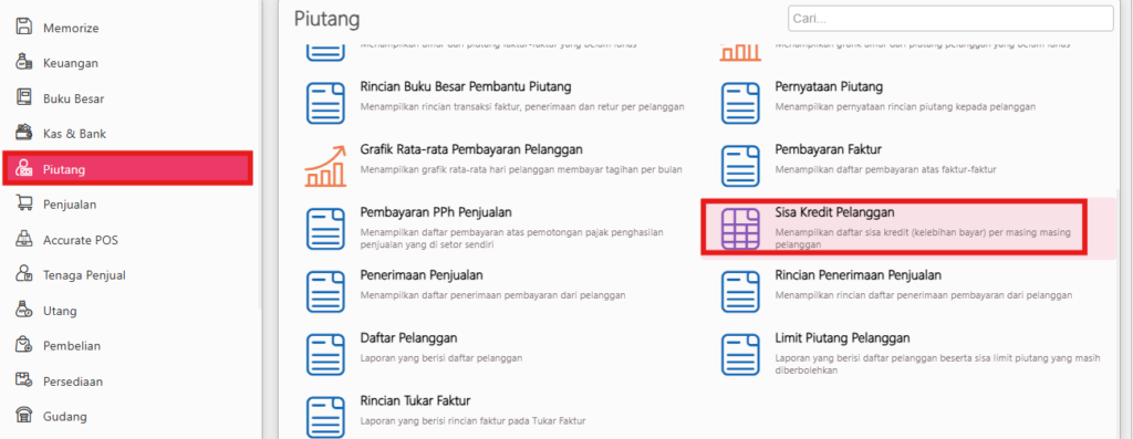 Selisih Piutang dengan Faktur Belum Lunas di Necara Accurate