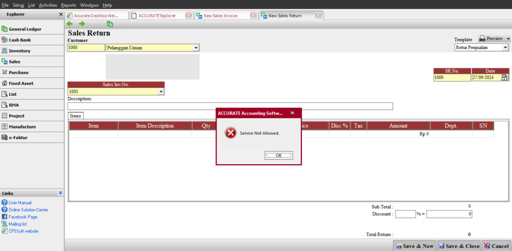 Service Not Allowed Saat Menginput Sales Return di Accurate