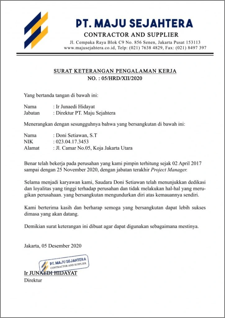 Surat Pengalaman Kerja 1